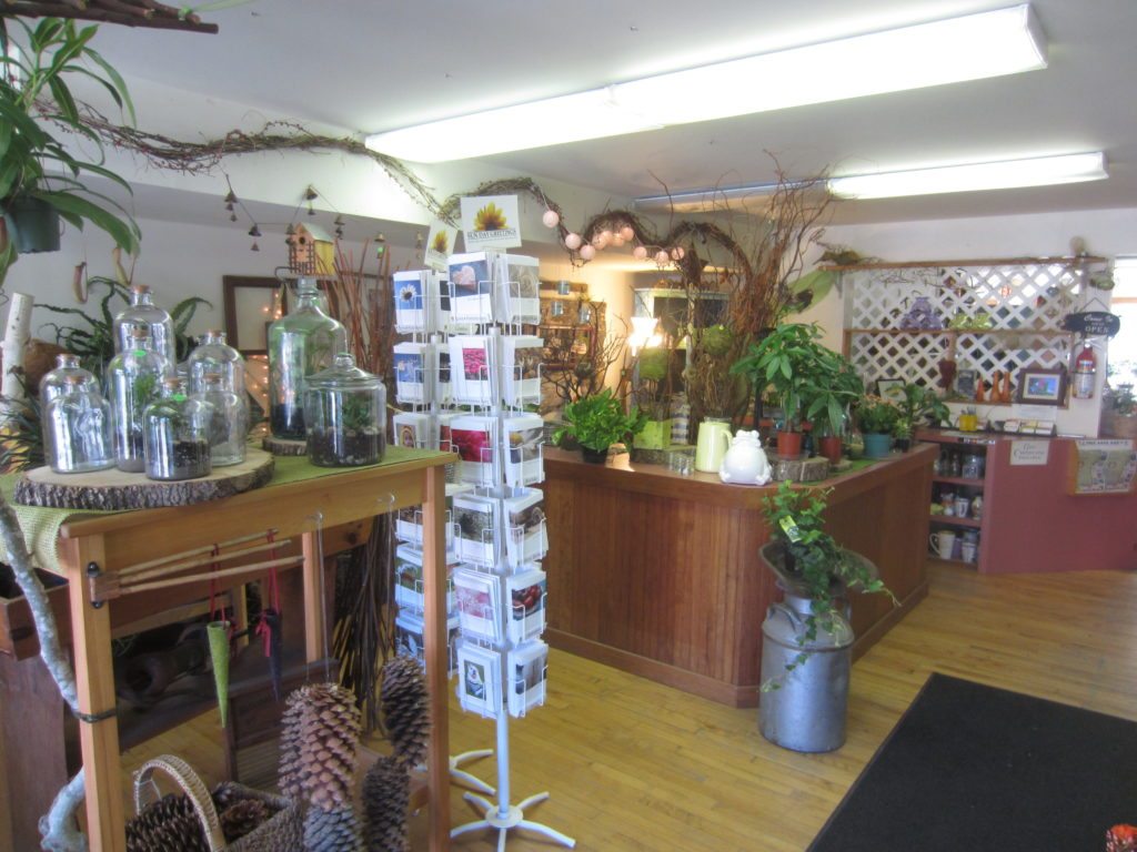 Inside Uncle George's Flowers shop front counter and greet card section